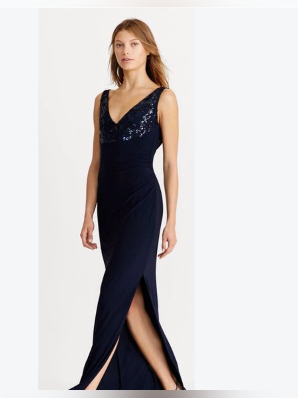 Lauren by Ralph Lauren Navy Sequin V-Neck Evening Gown